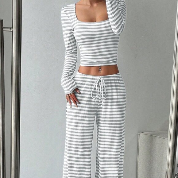 Casual Women's Striped Long Sleeve Top & Front Tie Pants Set lounge comfy - Picture 3 of 6
